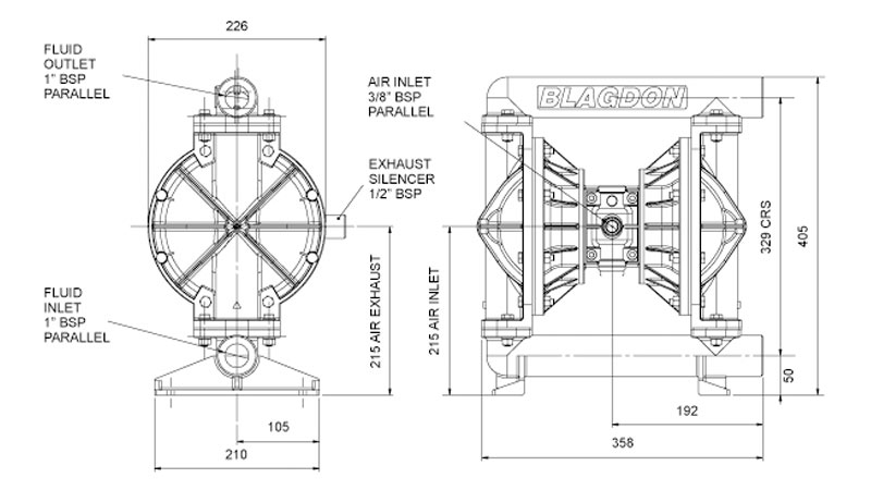 Dibujo del despiece de la bomba neumática metálica B25 de Blagdon Pump