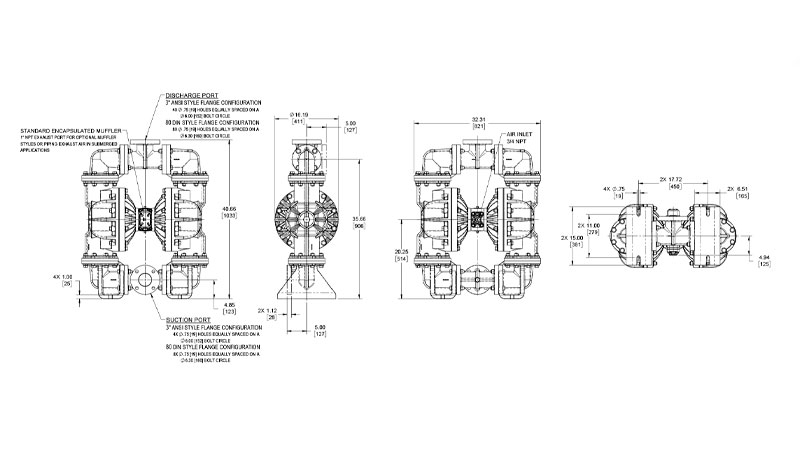 Dibujo del despiece de la bomba neumática plástica E3 de Versamatic