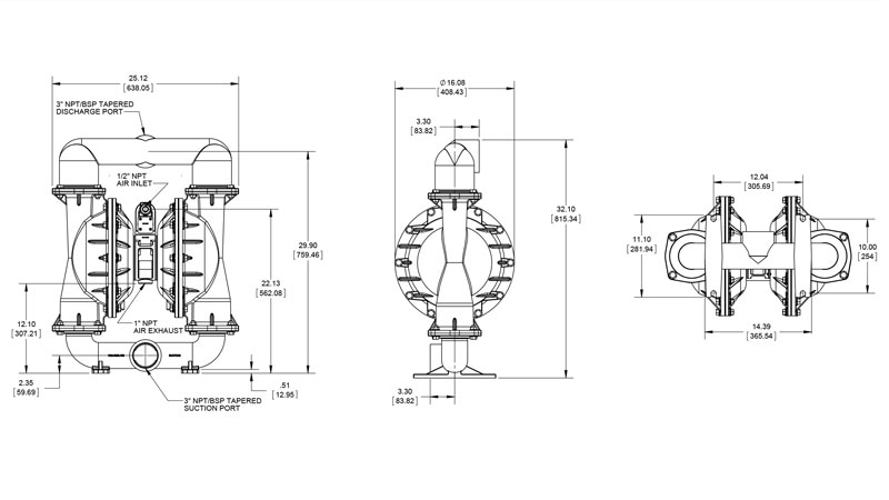 Dibujo del despiece de la bomba neumática metálica E3 de Versamatic