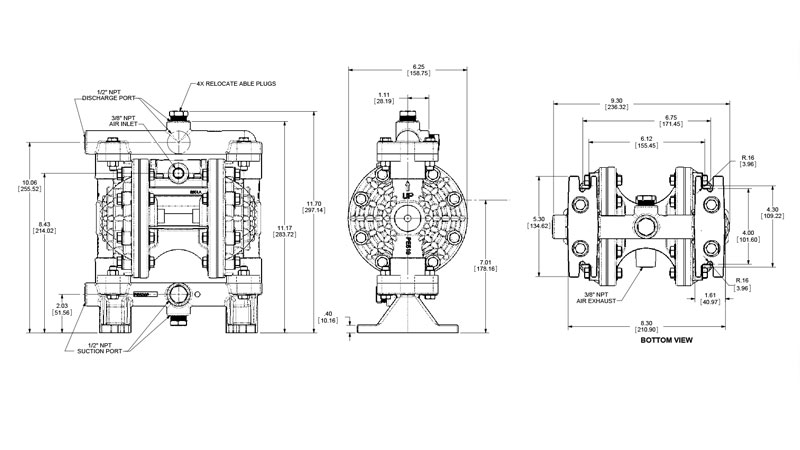 Dibujo del despiece de la bomba neumática plástica E5 de Versamatic