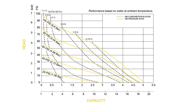 Desarrollo de las curvas de rendimiento de la bomba neumática plástica E6 de Versamatic